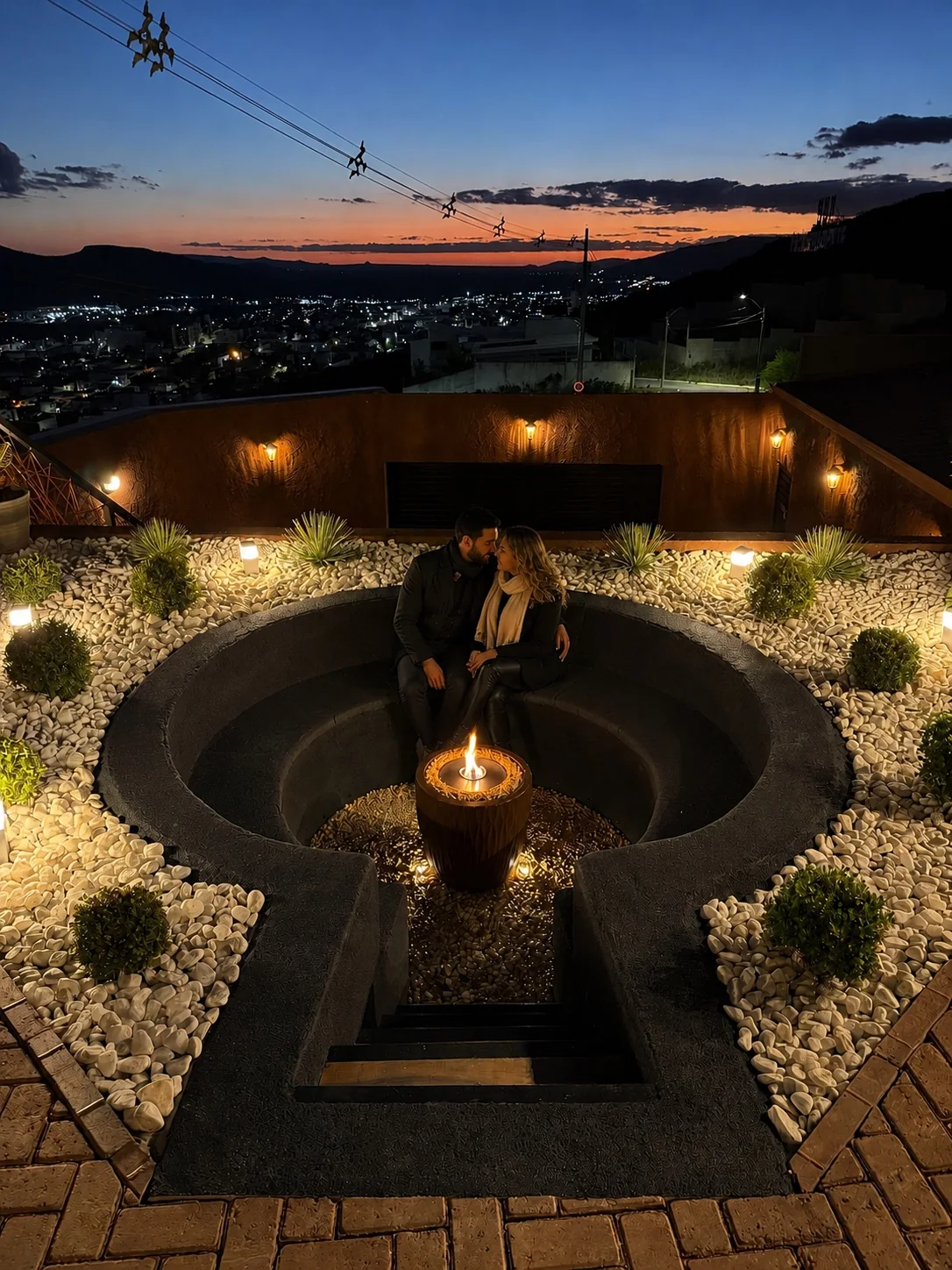 Casal no firepit ao anoitecer